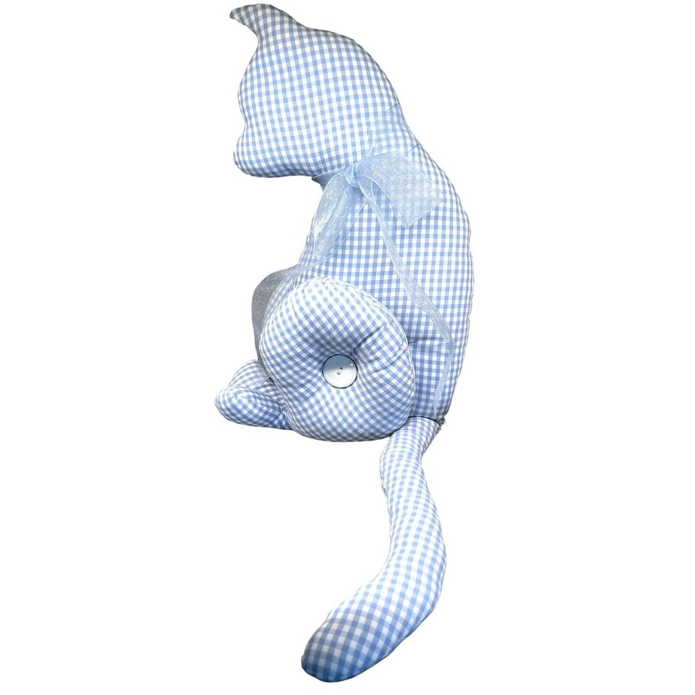 Handcrafted Stuffed Cat Pillow Baby Blue Gingham Fabric Neck Bow Button